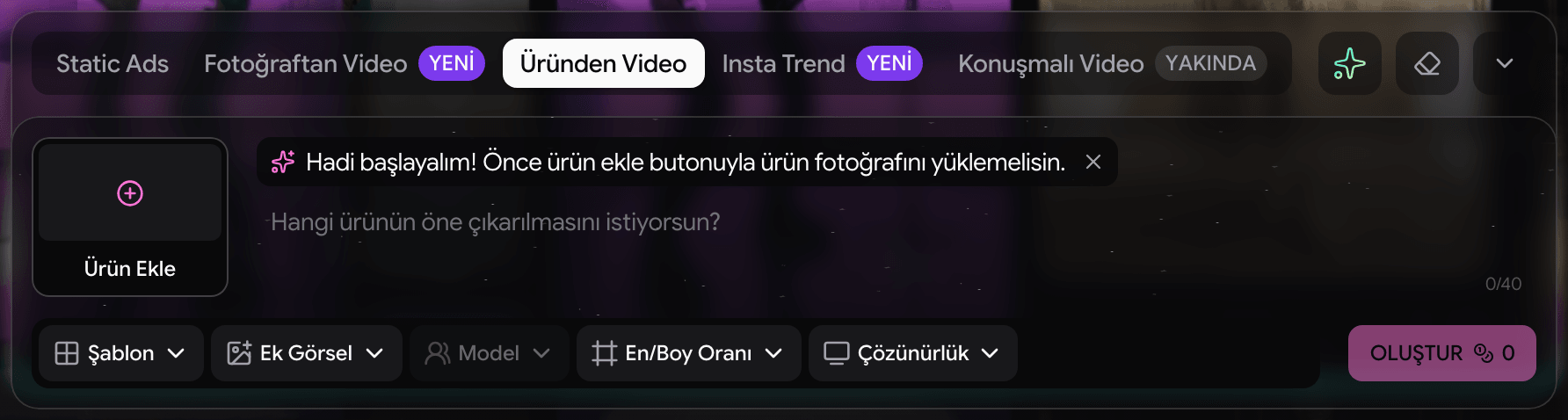 Ads Stüdyo Üründen Video akışında ürün fotoğrafı yüklemeyi anlatan yönlendirme satırı
