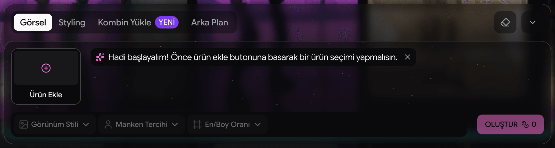 Görsel Editör’de ürün ekleme adımını gösteren yönlendirme satırı