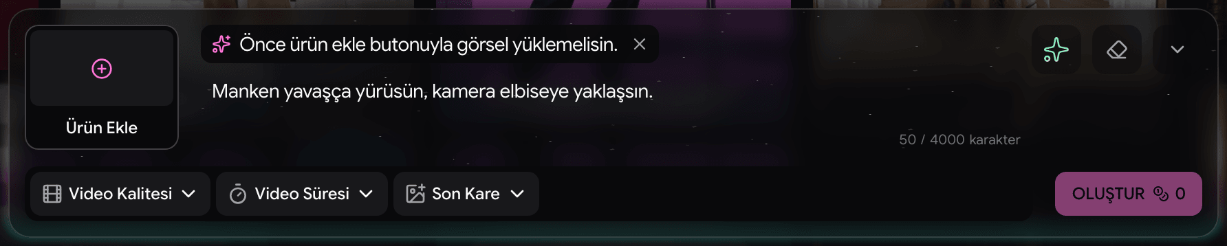 Video Editör’de başlangıç görseli eklemeyi anlatan yönlendirme satırı